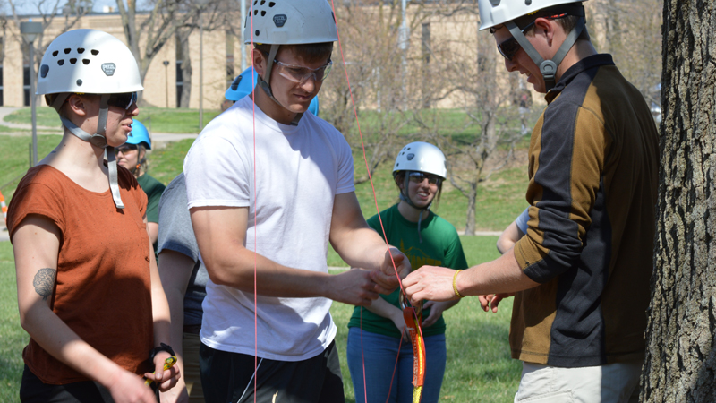 Students preparing to climb tree